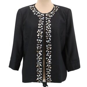 NWT Joni B Shantung Embellished Open Front Jacket Black Collarless Size L Large
